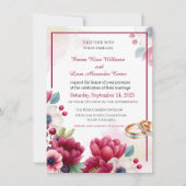 Invitation Bourgogne Floral & Bagues Or Elégant Mariage Invit (Devant)