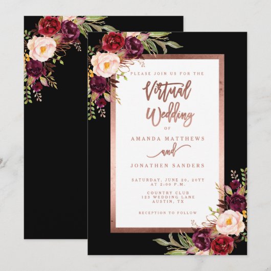 Invitation Bourgogne Floral Black Rose Gold Mariage virtuel (Devant / Derrière)