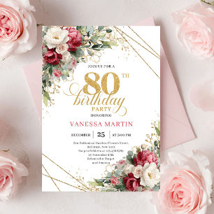 Invitation Bourgogne floral blanc style 80 ans