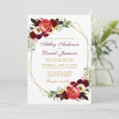 Invitation Bourgogne Floral Boho Mariage Gold Frame B (Debout devant)