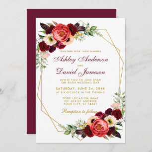 Invitation Bourgogne Floral Boho Mariage Gold Frame B