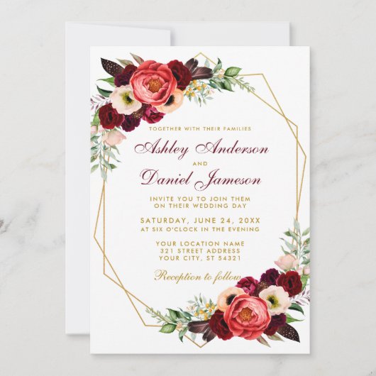 Invitation Bourgogne Floral Boho Mariage Gold Frame W (Devant)