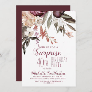 Invitation Bourgogne Floral Boho Vintage 40e anniversaire
