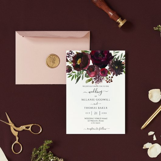 Invitation Bourgogne Floral Botanical Mariage élégant Luxe