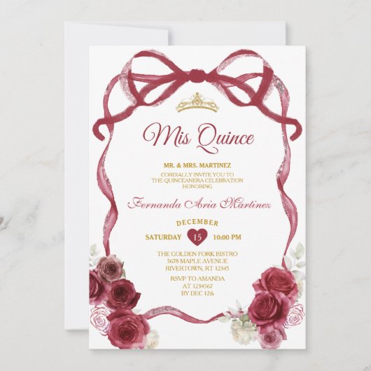 Invitation Bourgogne Floral Bow Ribbon Or Couronne Mis Quince (Devant)