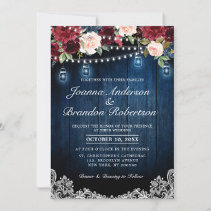 Invitation Bourgogne Floral Chaîne lumières Mason Jar Mariage