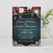 Invitation Bourgogne Floral Chaîne lumières Mason Jar Mariage (Debout devant)
