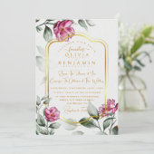 Invitation Bourgogne Floral Chic Golden Frame Mariage (Debout devant)