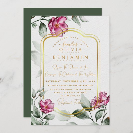 Invitation Bourgogne Floral Chic Golden Frame Mariage (Devant / Derrière)