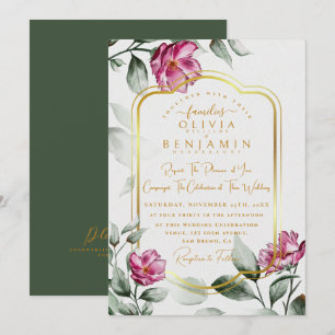 Invitation Bourgogne Floral Chic Golden Frame Mariage