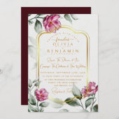 Invitation Bourgogne Floral Chic Golden Frame Mariage Invitat (Devant / Derrière)