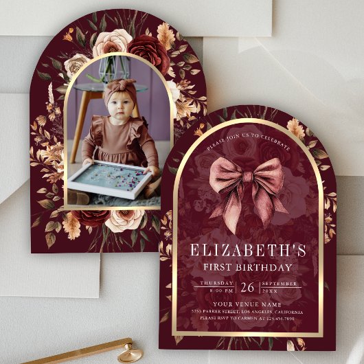 Invitation Bourgogne Floral Coquette Bow Arch Premier anniver