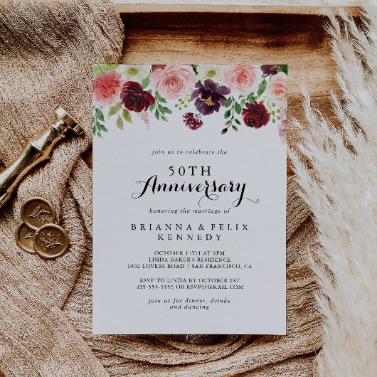 Invitation Bourgogne Floral de printemps 50e anniversaire de 