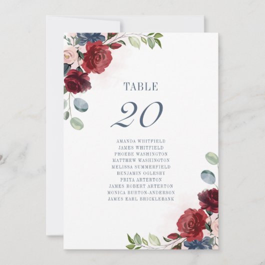 Invitation Bourgogne Floral Dusty Blue Mariage Numéro de tabl (Devant)