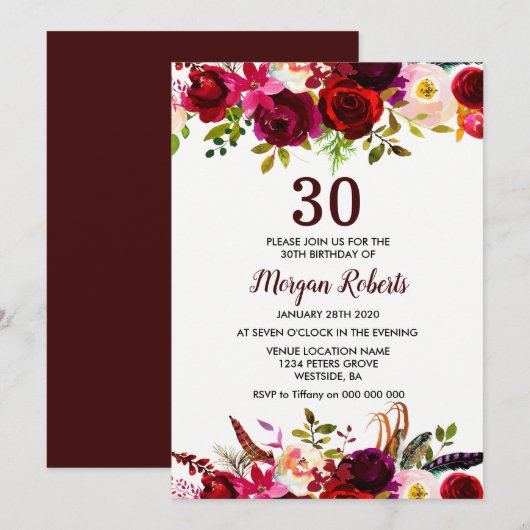 Invitation Bourgogne Floral Elégant 30ème anniversaire Invita (Devant / Derrière)