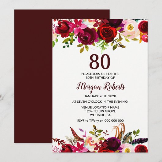 Invitation Bourgogne Floral Elégant 80e anniversaire Invitati (Devant / Derrière)