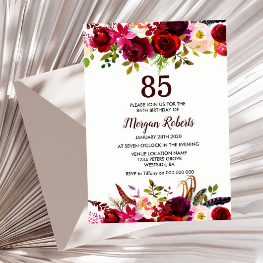 Invitation Bourgogne Floral Elégant 85ème anniversaire Invita