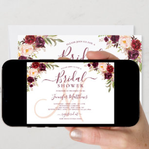 Invitation Bourgogne Floral Élégant Fête des mariées Monogram