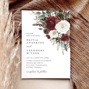 Invitation Bourgogne Floral Élégant Mariage d'Hiver