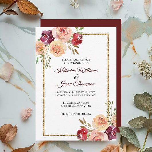 Invitation Bourgogne Floral Elégant Peony Gold Mariage