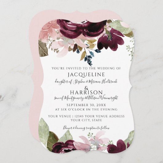 Invitation Bourgogne Floral Elégant rose Fall Foliing Mariage (Devant / Derrière)