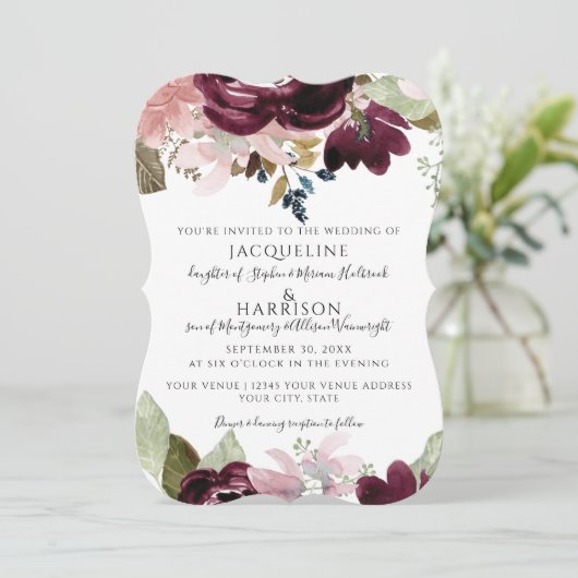 Invitation Bourgogne Floral Elégant rose Fall Foliing Mariage (Debout devant)