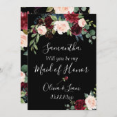 Invitation Bourgogne Floral Élégant Rustique Sois ma témoin (Devant / Derrière)