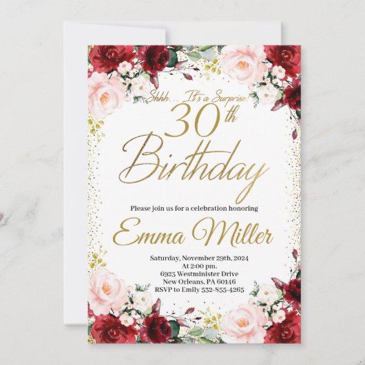 Invitation Bourgogne Floral et Gold Surprise 30e anniversaire (Devant)