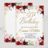 Invitation Bourgogne Floral et Gold Surprise 50e anniversaire (Devant / Derrière)