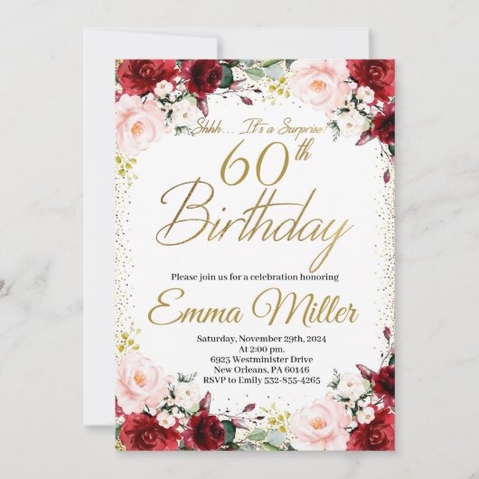 Invitation Bourgogne Floral et Gold Surprise 60e anniversaire (Devant)