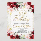 Invitation Bourgogne Floral et Gold Surprise 80e anniversaire (Devant / Derrière)