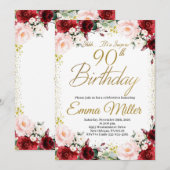 Invitation Bourgogne Floral et Gold Surprise 90e anniversaire (Devant / Derrière)