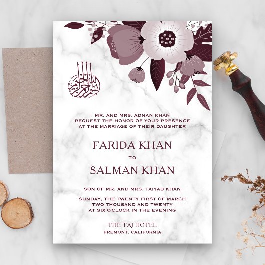Invitation Bourgogne Floral et Marbre blanc Mariage islamique