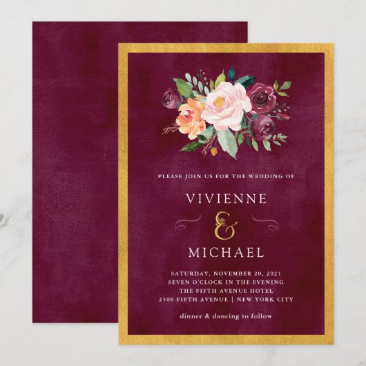 Invitation Bourgogne | Floral et Mariage or (Devant / Derrière)