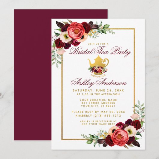 Invitation Bourgogne Floral Gold Boho Fête des mariées Tea Pa (Devant / Derrière)