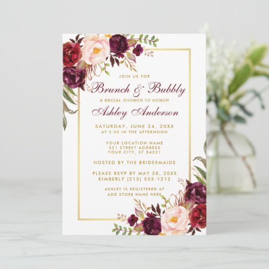 Invitation Bourgogne Floral Gold Fête des mariées Brunch Invi (Debout devant)