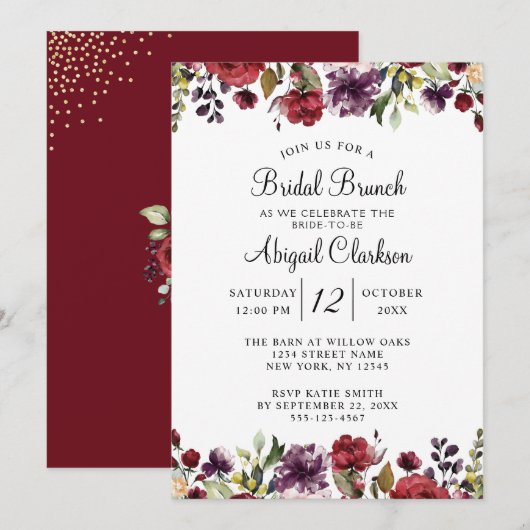Invitation Bourgogne Floral Gold Foil Bridal Brunch Douche (Devant / Derrière)