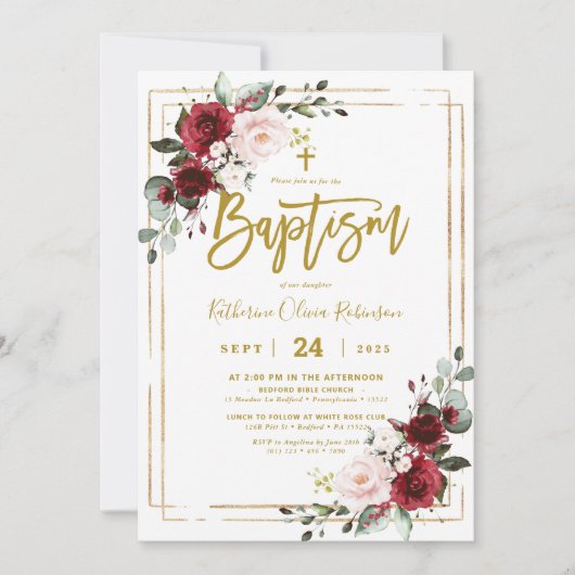 Invitation Bourgogne Floral Gold Frame Photo Baptême  (Devant)