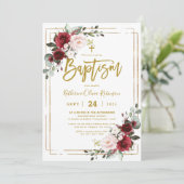 Invitation Bourgogne Floral Gold Frame Photo Baptême  (Debout devant)