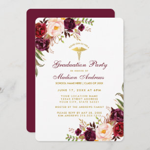 Invitation Bourgogne Floral Gold Médicale Grad Party Invitati