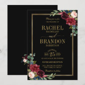 Invitation Bourgogne Floral Gold Navy Bleu Rustique Mariage I (Devant / Derrière)