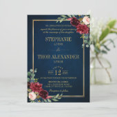Invitation Bourgogne Floral Gold Navy Bleu Rustique Mariage I (Debout devant)