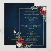 Invitation Bourgogne Floral Gold Navy Bleu Rustique Mariage I (Devant / Derrière)