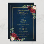 Invitation Bourgogne Floral Gold Navy Bleu Rustique Mariage I (Devant / Derrière)