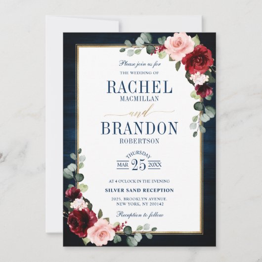 Invitation Bourgogne Floral Gold Navy Bleu Rustique Mariage I (Devant)