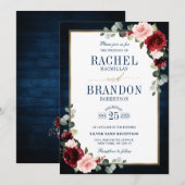 Invitation Bourgogne Floral Gold Navy Bleu Rustique Mariage I (Devant / Derrière)