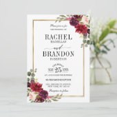 Invitation Bourgogne Floral Gold Rustic Mariage (Debout devant)