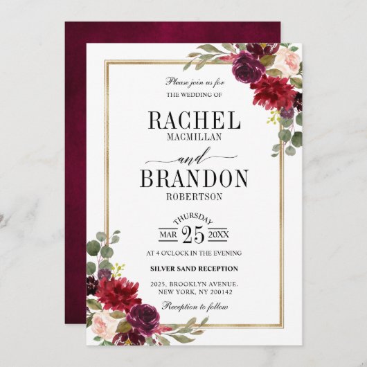Invitation Bourgogne Floral Gold Rustic Mariage (Devant / Derrière)