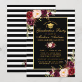 Invitation Bourgogne Floral Gold Striped Party (Devant / Derrière)