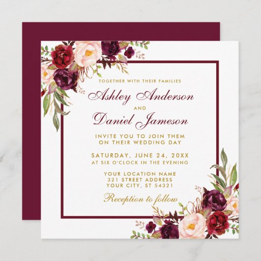 Invitation Bourgogne Floral Gold Wedding Invite Card B (Devant / Derrière)